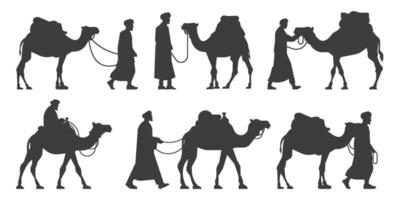 Set silhouette of camel with handler walking and riding poses in desert travel isolated on transparent background vector