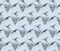 Seamless pattern with birds flying in the sky with clouds over sea waves. Nature sea view ornamental line drawn background. vector