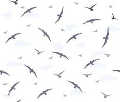 Seamless pattern with birds flying in the sky with clouds over sea waves. Nature sea view ornamental background vector