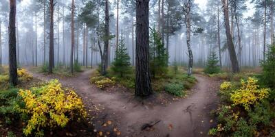 Autumn Forest Trails Misty Woods Path Fork in Road Yellow Bushes Trees Scenery photo
