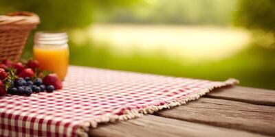 Summer Picnic Table Setting with Berries Juice and Gingham Cloth photo
