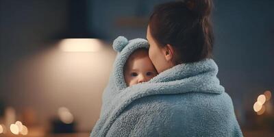 Mother and Baby Wrapped in Soft Blue Blanket Cozy Home Evening photo