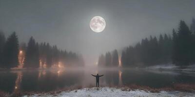 Man Silhouetted Against Full Moon Over Foggy Lake and Snowy Pines photo