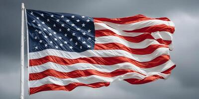 American Flag Waving in Wind Cloudy Sky Background photo