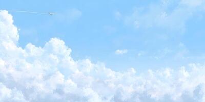 Airplane Flying Above Fluffy White Clouds Blue Sky Background photo