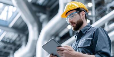 Industrial Worker Using Tablet in Factory Setting photo