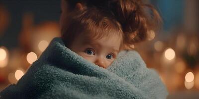 Baby Girl Wrapped in Towel Cozy Winter Night Lights photo
