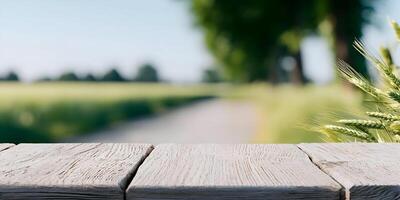 Wooden Table Top Rural Summer Wheat Field Background photo