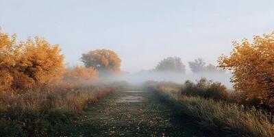 Autumn Landscape Misty Path Golden Trees Foggy Scenery photo
