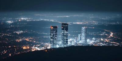 Night Cityscape Two Illuminated Skyscrapers City Lights Aerial View photo