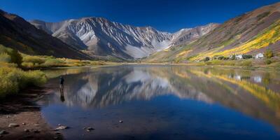 Person at Calm Lake with Mountain Reflection Autumn Scenery photo