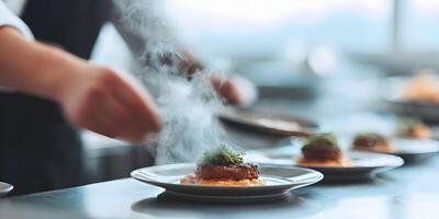 Chef Preparing Gourmet Dish Steaming Food Restaurant Kitchen photo