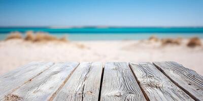 Beach Summer Wooden Table Top Background Turquoise Ocean Sand photo