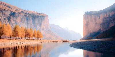 Autumn Landscape Calm Lake Golden Trees Mountain Cliffs Serenity Nature Scenery photo