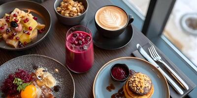 Delicious Breakfast Table Setting with Pancakes Smoothie Coffee Granola and Fruit photo