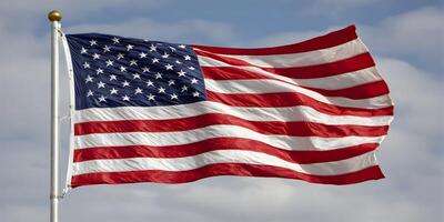American Flag Waving On Flagpole Under Cloudy Sky Patriotic Symbol photo