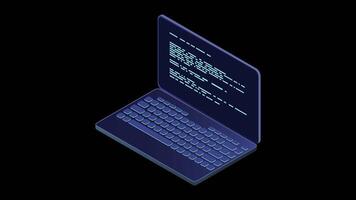 Isometric laptop animation. 3d isometric laptop computer. Abstract programming language and program code on a laptop screen. Transparent background with alpha, video