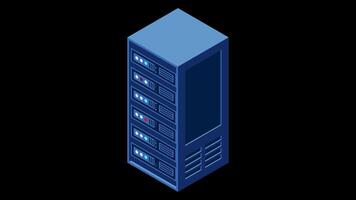 Data center server box. Hosting server or data center room concept. Isometric hardware server case cabinet. 4K seamless loop animation. Transparent background with alpha channel, video
