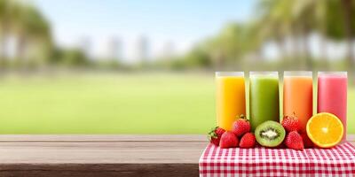 fresh fruit juice on table with blurred background photo