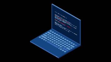 Isometric laptop animation. 3d isometric laptop computer. Abstract programming language and program code on a laptop screen. Transparent background with alpha. video