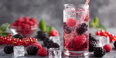 Refreshing Sparkling Raspberry Blackberry Drink with Ice Cubes and Red Currants photo