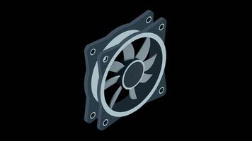 Isometric computer fan animation. Computer fan cooler. Isometric of PC case fan. Computer hardware components. Transparent background with alpha video