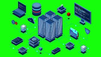 Isometric computer technology animation. Computation of big data center. Cloud computing. Online devices upload and download information. 4K video