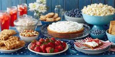 Fathers Day Dessert Table Strawberries Cake Cookies Popcorn photo