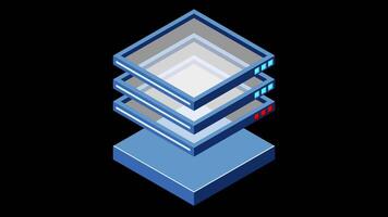 Isometric futuristic server animation. Isometric database or data center. Abstract blockchain. Computer storage. Cloud storage. Transparent background video