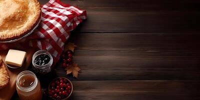 Autumn Thanks giving Dessert Table Setting Apple Pie Cranberries Wooden Background photo