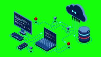 Cloud technology computing animation. Modern cloud technology. Data center isometric concept. Isometric cloud technology with datacenter. Web hosting concept. 4K animated, video