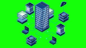 Isometric computer technology animation. Computation of big data center. Cloud computing. Online devices upload and download information. 4K . video