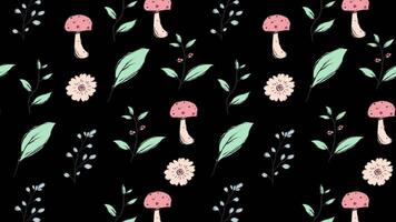 Floral seamless pattern animation. Branch with green leaves hand drawn. Floral seamless background. Hand drawn botanical illustration. 4K animation. Transparent background with alpha channel video