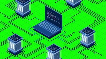 Abstract isometric high technology animation. Cloud storage isometric illustration. Big data center with server. Server room. 4K animated in isometric style, video