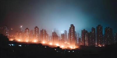 Night Cityscape Hong Kong Skyline Illuminated Buildings Foggy Atmosphere photo