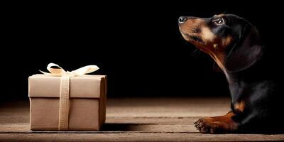 Black And Tan Dachshund Puppy Looking At Gift Box On Wooden Surface Dark Background photo