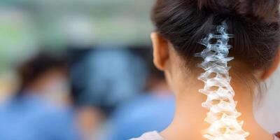 a woman with a back pain is shown with a spine photo
