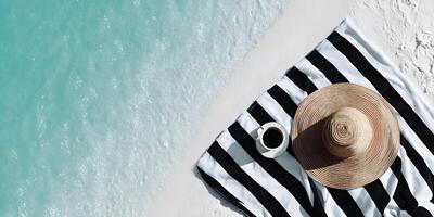 Summer Beach Scene Coffee Hat Towel Sand Ocean photo