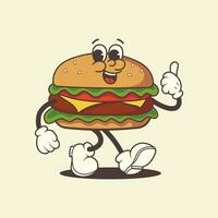 Retro burger mascot with happy face. Vintage character for fast food, diner branding and nostalgic design vector