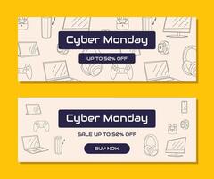 Cyber Monday horizontal banner with outlined tech gadgets and digital devices in linear style. illustration for electronics sale and modern technology vector
