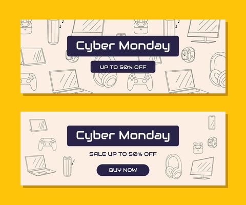 Cyber Monday horizontal banner with outlined tech gadgets and digital devices in linear style. illustration for electronics sale and modern technology