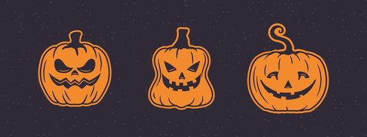 Classic vintage Halloween pumpkin icons with carved Jack-o'-Lantern expressions. Isolated art great for prints and digital use. vector