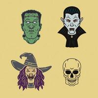 Vintage Halloween set with Frankenstein, vampire, witch, and skeleton characters. Isolated colorful illustrations perfect for posters, stickers, logos, and seasonal designs. vector