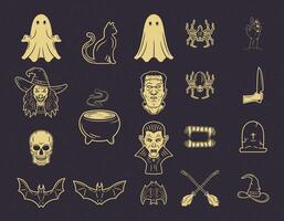 Vintage Halloween set with 19 spooky elements. Includes characters and iconic symbols in retro style. Perfect isolated illustrations for posters, stickers, logos, and more. vector
