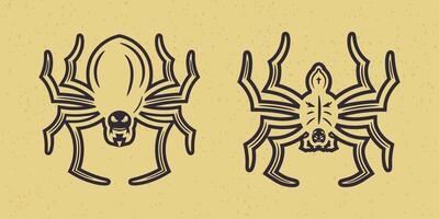Illustration of two spooky cartoon spiders with creepy faces. Halloween design on retro textured background. vector
