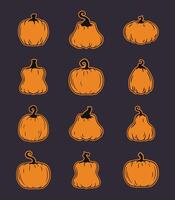 Vintage Halloween icon pack with unique pumpkin designs, showcasing traditional Jack-o'-Lantern faces. Perfect for seasonal graphics. vector
