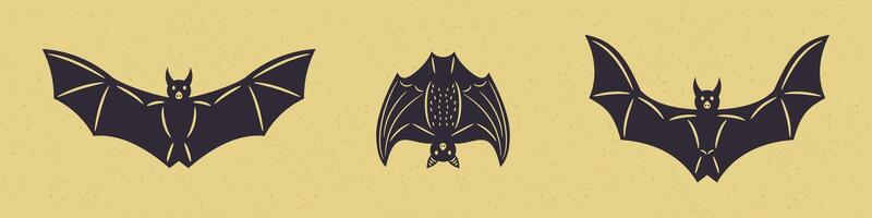 Set of 3 vintage-style Halloween bats. Detailed isolated illustrations ideal for Halloween designs, posters, logos, and festive decorations. vector