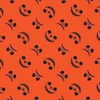 Seamless Halloween pattern with spooky cartoon faces on orange background. Great for festive wrapping, textiles, and party decor. vector