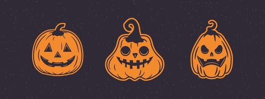 Vintage-inspired Halloween pumpkin graphics pack, featuring iconic Jack-o'-Lantern faces. Clean set for versatile use. vector