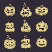 Vintage-style Halloween pumpkins collection with carved Jack-o'-Lanterns. Perfect for use in festive posters, branding, and vector-based designs. vector